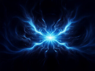 A vibrant, glowing blue energy formation resembling a butterfly's wings expands from a central light source against a dark background.  The image evokes feelings of power and ethereal beauty.