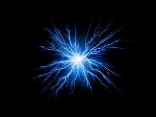 Fototapeta premium A vibrant blue energy burst explodes against a stark black background, radiating light and power. Intense fractal patterns emanate outward, creating a dynamic and visually striking image.