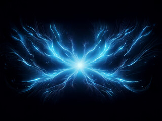 Obraz premium Glowing blue energy forms a symmetrical, butterfly-like shape against a black background. The light emanates from a central point, creating a radiant effect.