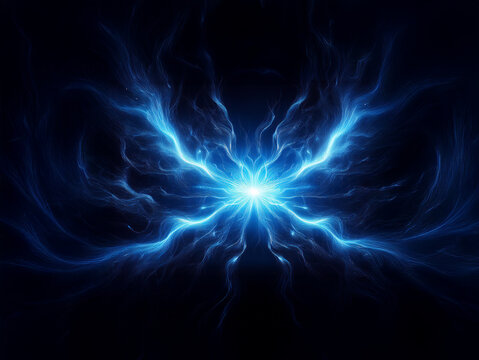 A vibrant, glowing blue energy formation resembling a butterfly's wings expands from a central light source against a dark background.  The image evokes feelings of power and ethereal beauty.