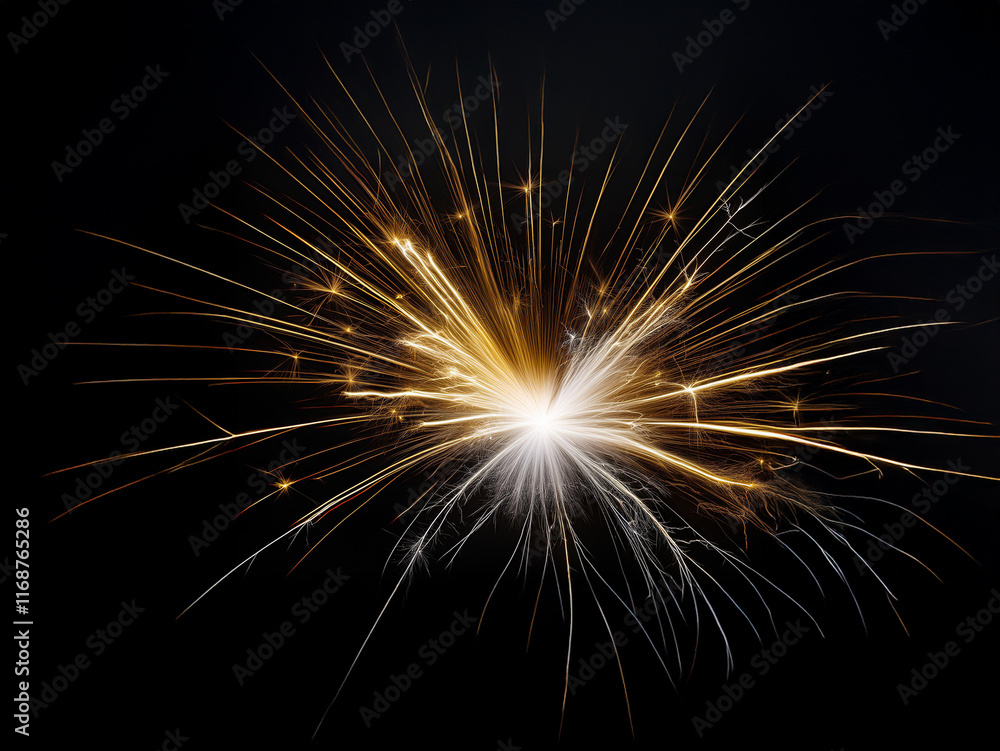 Poster A burst of golden and white sparks explodes against a pitch-black background, resembling a miniature firework or a welding spark.  The light trails create a dynamic, radial pattern.