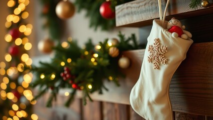 Cream-colored Christmas stocking with snowflake design hangs on wooden mantelpiece, filled with a small toy, surrounded by festive lights and greenery.
