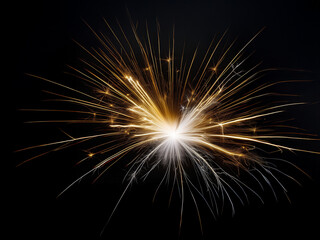 A burst of golden and white sparks explodes against a pitch-black background, resembling a miniature firework or a welding spark.  The light trails create a dynamic, radial pattern.