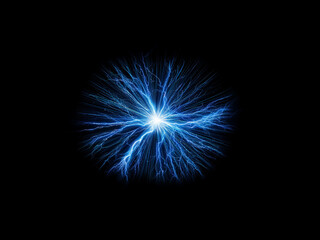 Fototapeta premium A vibrant blue energy burst, radiating outwards from a central point against a pitch-black background. The intricate, branching patterns evoke a sense of power and dynamism.