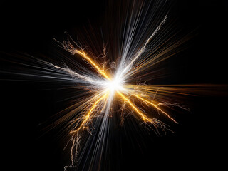 A radiant burst of light and energy, with streaks of gold and white emanating from a central point against a black backdrop.  The image evokes a sense of power and cosmic phenomena.