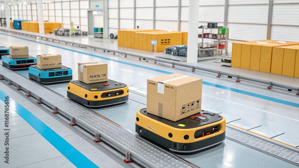 Poster futuristic robotics in high-tech fulfillment center: automated package sorting