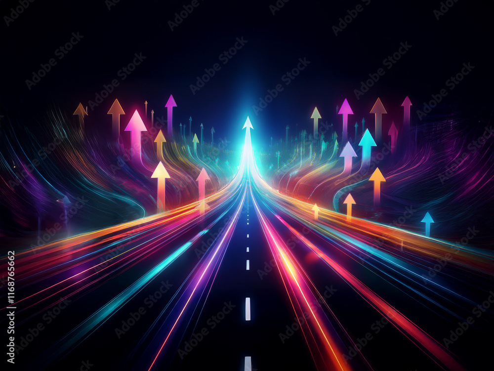 Poster a vibrant, glowing road stretches into the distance, lined with colorful upward-pointing arrows symb