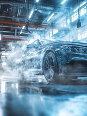 Two mechanics are repairing a car in a workshop. Auto mechanic detailed inspection of the car. Auto car repair service center. Car service, repair, maintenance concept