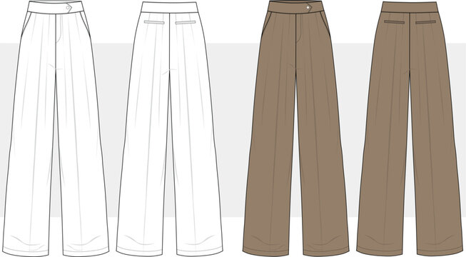 Ladies Palazzo Pant Flat Drawing Illustrator Technical Vector. Women wide leg pants with pleated, front and back view, . CAD Mockup.