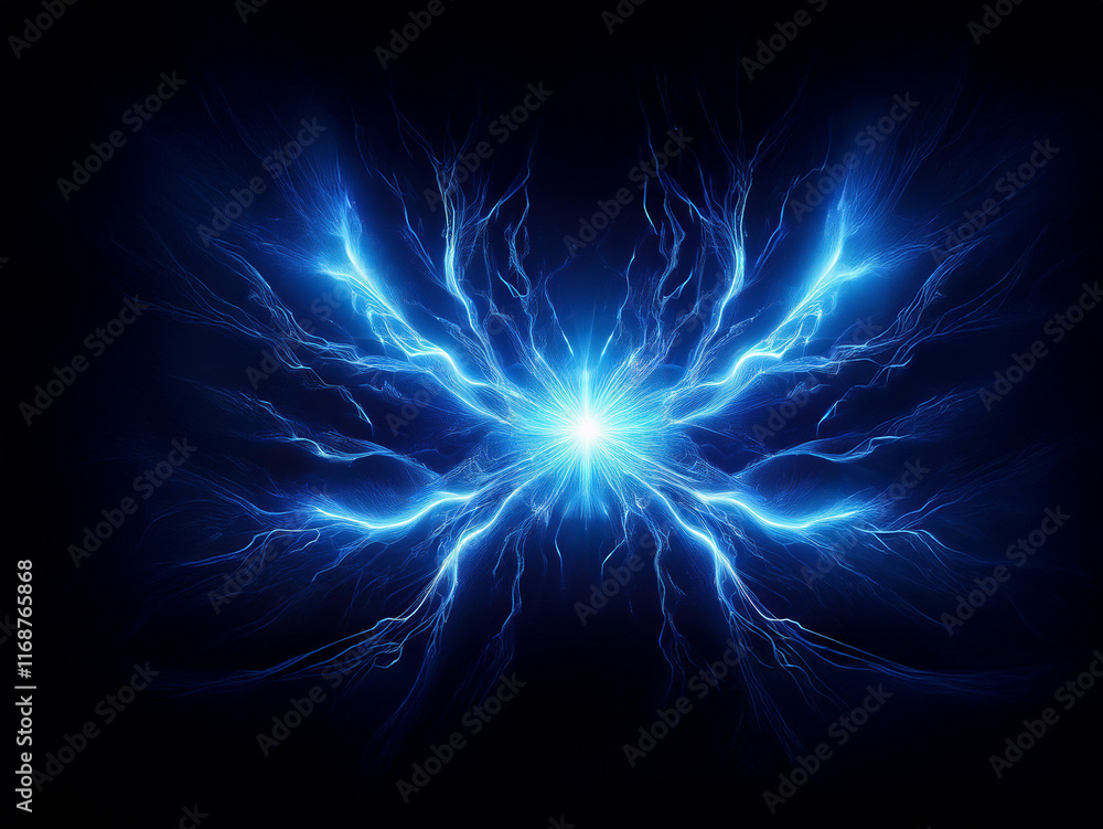 Poster Glowing blue energy forms a symmetrical, butterfly-like pattern against a black background.  The vibrant light emanates from a central point, creating a mesmerizing effect.