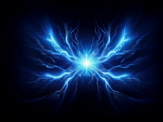 Glowing blue energy forms a symmetrical, butterfly-like pattern against a black background.  The vibrant light emanates from a central point, creating a mesmerizing effect.