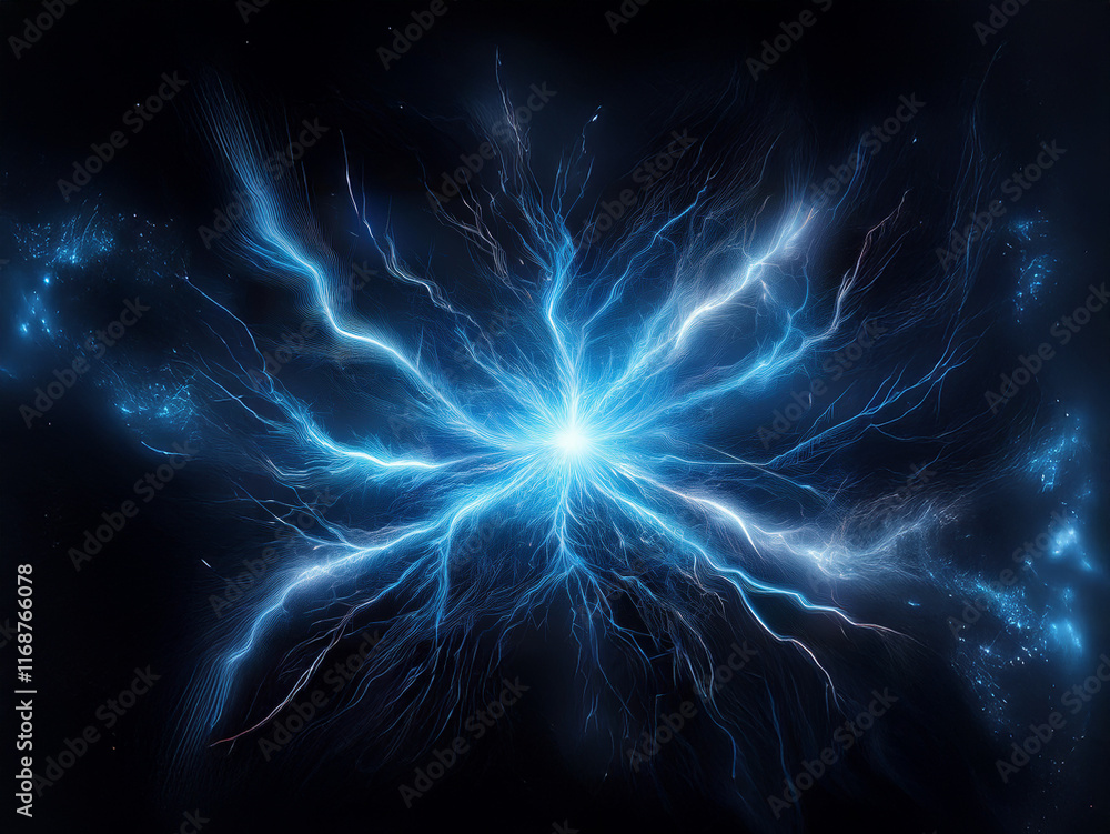 Poster a vibrant blue energy burst explodes from a central point, radiating outward with luminous tendrils 