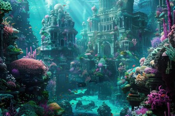 Underwater City Within a Vibrant Coral Reef Home to Merfolk and Aquatic Beings