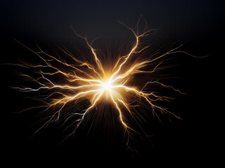 A radiant, golden energy burst explodes outwards, intricate tendrils of light branching against a dark backdrop.  The image evokes feelings of power and cosmic energy.
