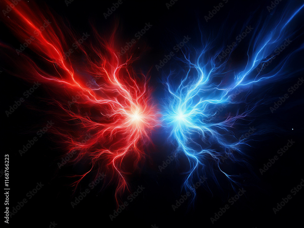 Poster clashing energy, red and blue electricity forming a symmetrical, wing-like shape against a dark back