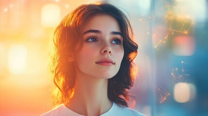 Woman utilizing AI-driven productivity tools to optimize work efficiency, manage tasks, and improve decision-making in a modern, tech-driven business environment. 