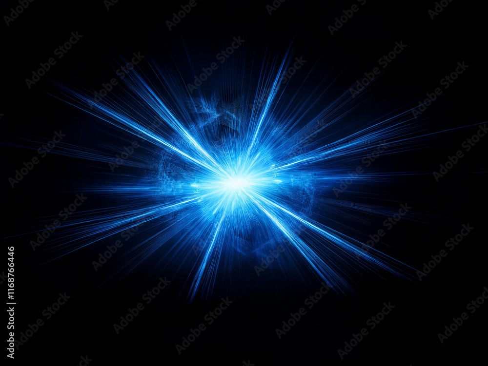 Poster A vibrant blue energy burst explodes from a central point, radiating bright rays against a stark black background.  The image evokes a sense of power and intense light.