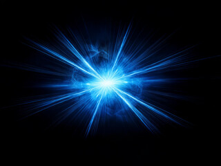 A vibrant blue energy burst explodes from a central point, radiating bright rays against a stark black background.  The image evokes a sense of power and intense light.