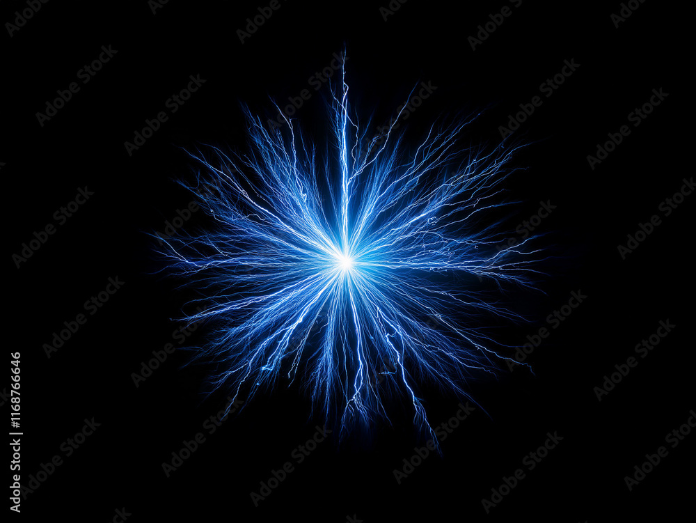 Fototapete a vibrant blue energy burst explodes from a central point, radiating outward in a starburst pattern 