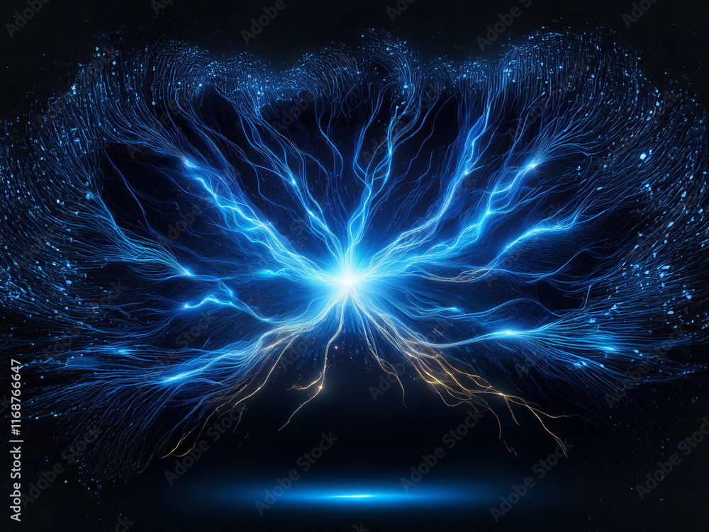 Poster glowing blue energy bursts from a central point, resembling a fractal tree or lightning striking out