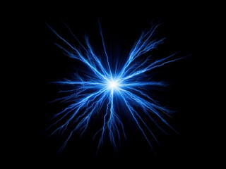Fototapeta premium Intense blue energy bursts outwards from a central point, radiating in a starburst pattern against a pitch-black background. The light is vibrant and electric.