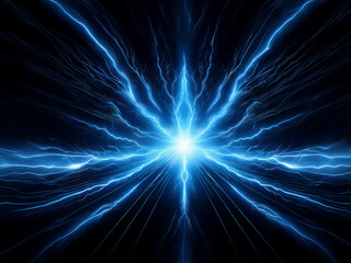 Intricate blue energy bursts radiate outwards, resembling a stylized cannabis leaf, against a dark background.  The design is symmetrical and evokes feelings of power and intensity.