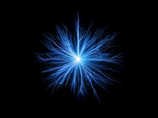 A vibrant blue energy burst explodes from a central point, radiating outward in a starburst pattern against a stark black background.  The intricate, branching lines evoke a sense of power and dynamis