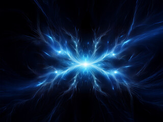 Fototapeta premium A mesmerizing abstract image depicting a luminous blue fractal, resembling a butterfly or starburst, radiating energy against a dark background. The intricate details and glowing light create a sense