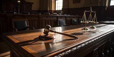 Obraz premium Gavel on Polished Wooden Courtroom Table, Justice, Law, Legal, Hearing