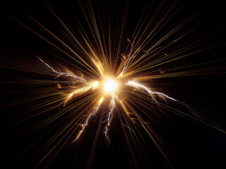 A radiant, golden explosion bursts forth from a central point, radiating light and energy against a pitch-black background.  Electric streaks enhance the dynamic effect.