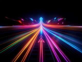 Fototapeta premium A vibrant, multicolored neon arrow streaks upward, converging from multiple paths on a dark, futuristic road. The effect is dynamic and suggests progress and speed.
