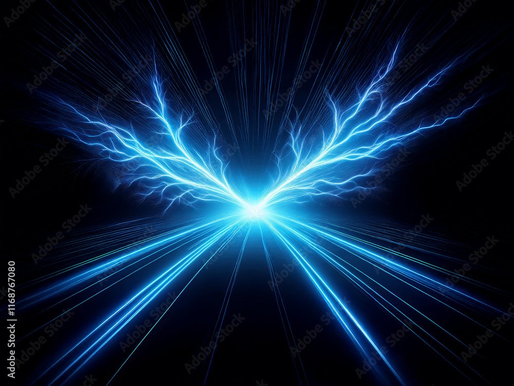 Poster Intense blue light streaks across a dark background, resembling lightning branching from a central point of light, creating a symmetrical, almost mystical effect.  The light forms a dynamic, radiant p