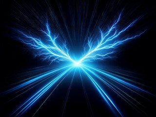 Obraz premium Intense blue light streaks across a dark background, resembling lightning branching from a central point of light, creating a symmetrical, almost mystical effect. The light forms a dynamic, radiant p