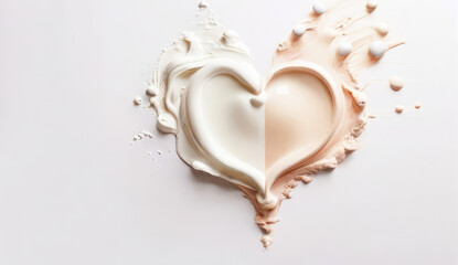 texture of cosmetic smear cream in the shape of a heart, cream of two colors