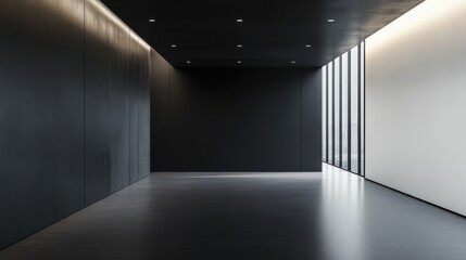 Minimalist empty room with black walls and floor to ceiling window
