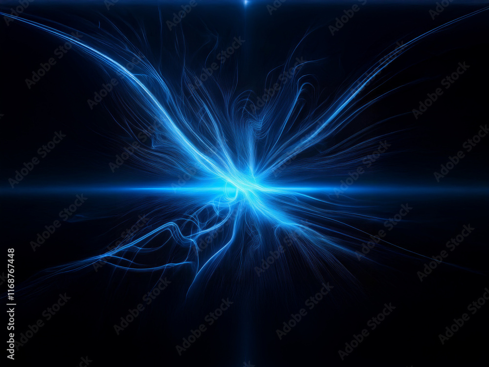 Poster intricate blue energy bursts from a central point, radiating outwards in a mesmerizing fractal patte