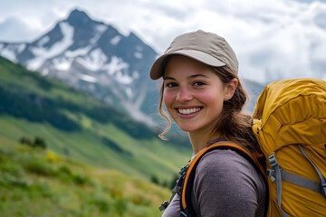 Smiling woman hiker with backpack enjoys scenic mountain view.