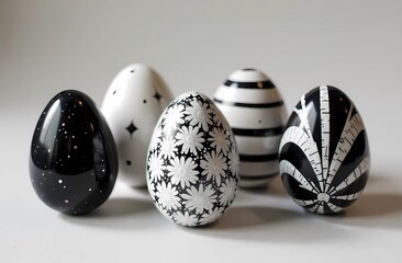 Easter eggs in a variety of shapes and patterns in a modern black and white color scheme. Modern design. 