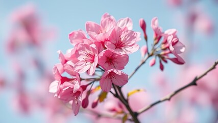 Fototapeta premium Delicate Pink Blossoms on a Branch, a Close-Up View of Springtime Flora