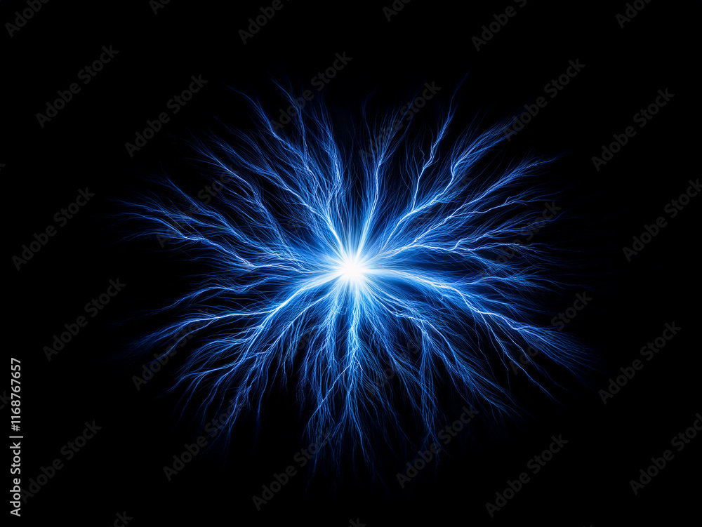 Poster a vibrant blue energy burst explodes from a central point, radiating outwards in a starburst pattern