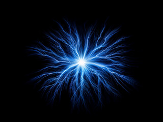 Fototapeta premium A vibrant blue energy burst explodes from a central point, radiating outwards in a starburst pattern against a pure black background. The effect is dynamic and intensely bright.