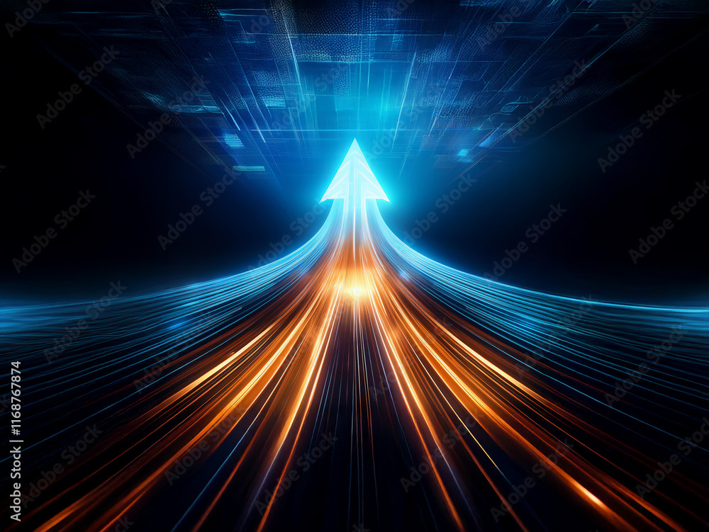 Poster a glowing arrow ascends a dynamic, light-streaked path, symbolizing rapid upward progress and techno