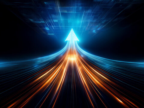 A glowing arrow ascends a dynamic, light-streaked path, symbolizing rapid upward progress and technological advancement.