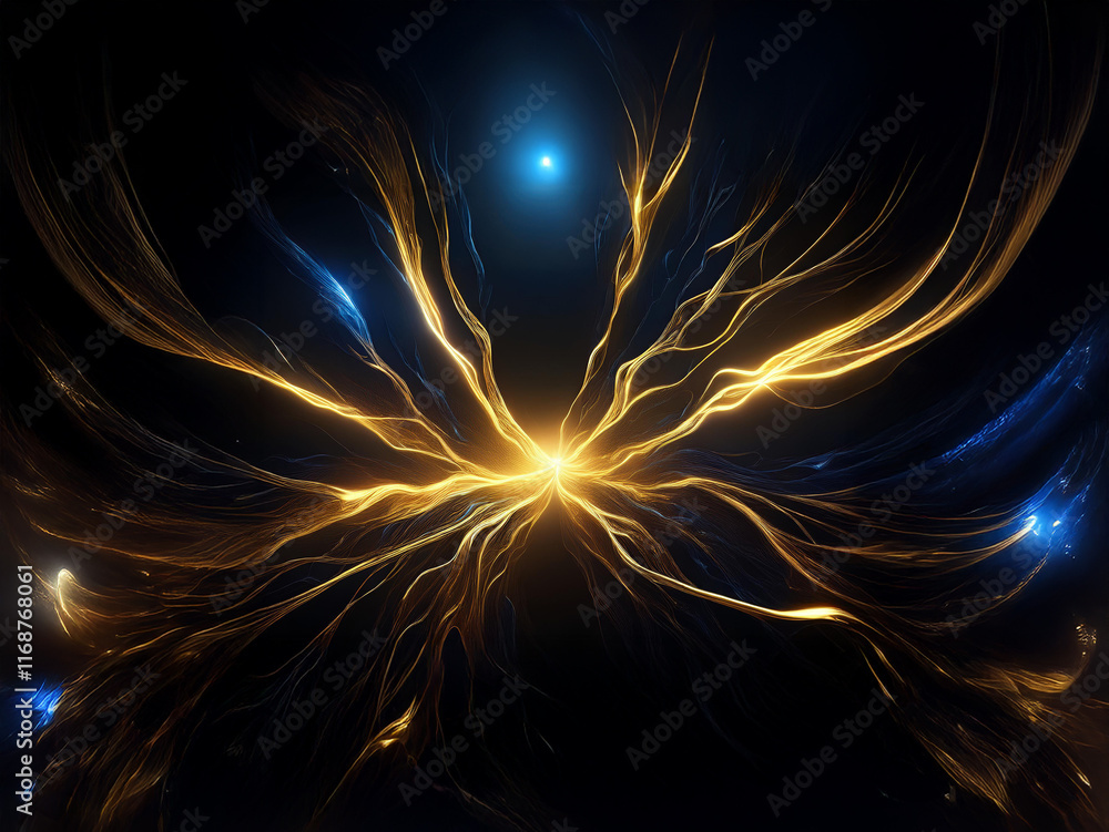 Poster golden and blue energy streams radiate from a central point, resembling a cosmic flower or nebula in