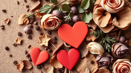 Overhead view of a Valentine's Day scene, featuring a bright, vibrant palette of natural earth tones browns, beiges, and muted purples, in an energetic composition