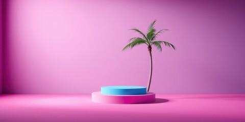 Obraz premium Minimalist Pink Room with Palm Tree and Platform
