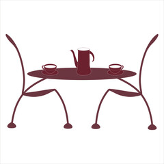 Vector illustration of the silhouette of a table and two chairs. Round table and chairs for cafes, restaurant terraces.