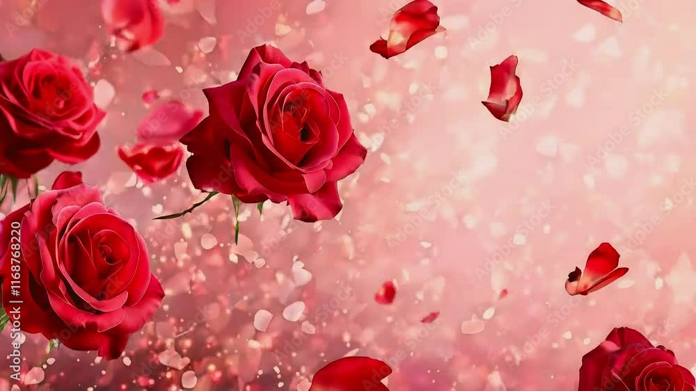 Poster red roses and petals floating in front of a bokeh lights background.