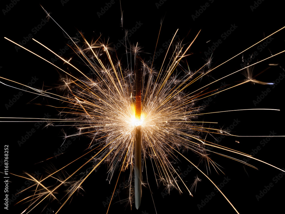 Poster a glowing sparkler bursts with bright, fiery sparks against a stark black background. the metallic s
