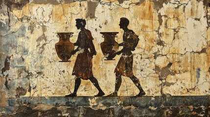 Two silhouette figures carrying large amphorae depicted against a cracked, textured wall, reminiscent of ancient art. The earth tones accentuate their movements.